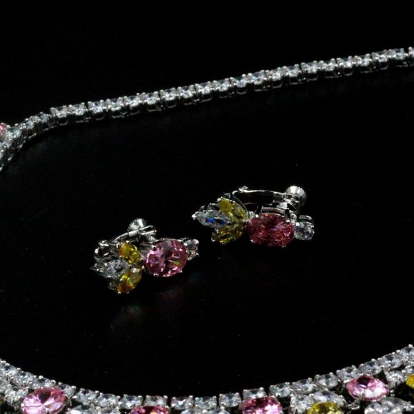 NOS Rucinni Rhinestones Jeweled Crystals Yellow Pink Pastel Necklace Set - Picture 3 of 13
